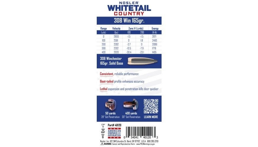 Nosler Whitetail Country Rifle Ammo 308 Win 165 gr.