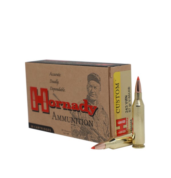 Hornady 243 Winchester Ammunition 20 Rounds 87 Grain V-Max Polymer Tip 3240fps