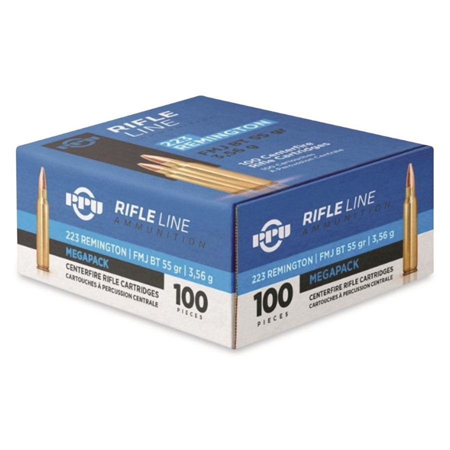 PPU Rifle Line 223 Rem Rifle Ammo, 55Gr FMJBT – 100Rds Megapack