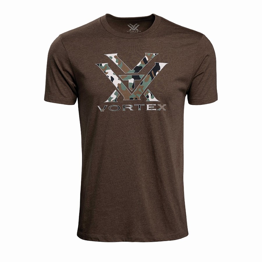Vortex Men's T-Shirt: Brown Heather Camo Logo Size M