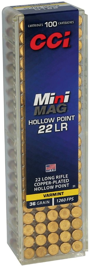 CCI Mini-Mag HP, 22 LR, 36 Grain, Copper Plated Hollow Point, 1260 fps