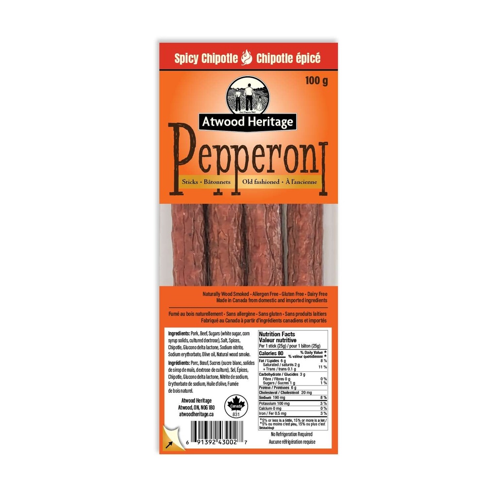 Atwood Pepperoni Snack Sticks – Spicy Chipotle– 4 Pack
