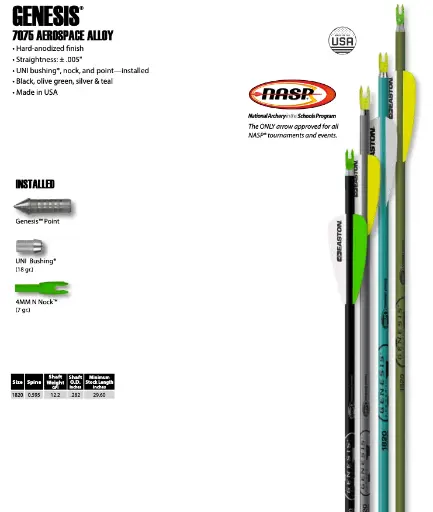 Easton Archery XX75 Genesis 1820 blk Carbon Arrows, 6 Pack 3"(Nasp)